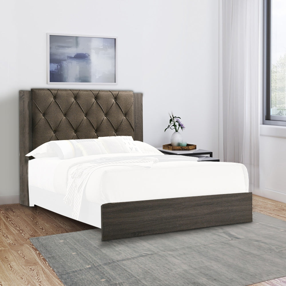 Wooden Queen Bed with Button Tufted Upholstered Headboard, Gray and Brown By Casagear Home