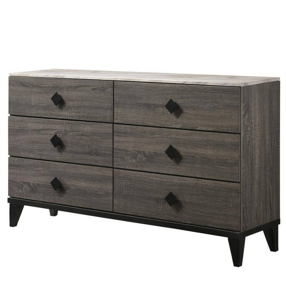 6 Drawer Wooden Dresser with Grains and Angled Legs, Gray By Casagear Home