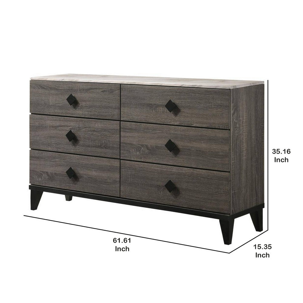 6 Drawer Wooden Dresser with Grains and Angled Legs Gray By Casagear Home BM228559