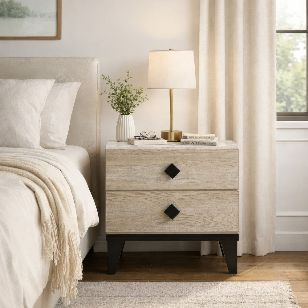 2 Drawer Wooden Nightstand with Grains and Angled Legs, Cream