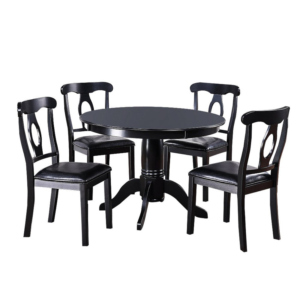 5 Piece Wooden Dining Set with Leatherette Padded Chairs, Black By Casagear Home