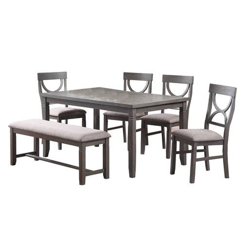 6 Piece Wooden Dining Set with Cut Out Back Chairs and Padded Bench, Gray