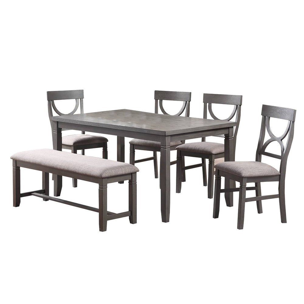 6 Piece Wooden Dining Set with Cut Out Back Chairs and Padded Bench, Gray