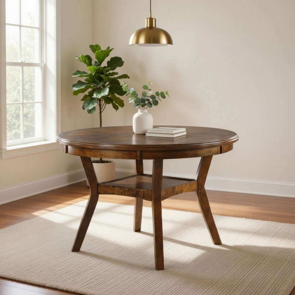 Round Top Wooden Dining Table with Boomerang Legs, Walnut Brown