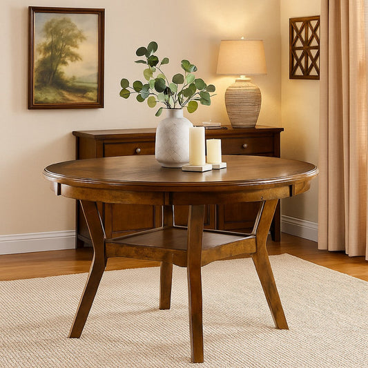Jude Dining Table | Round Top | Boomerang Legs | Walnut Brown