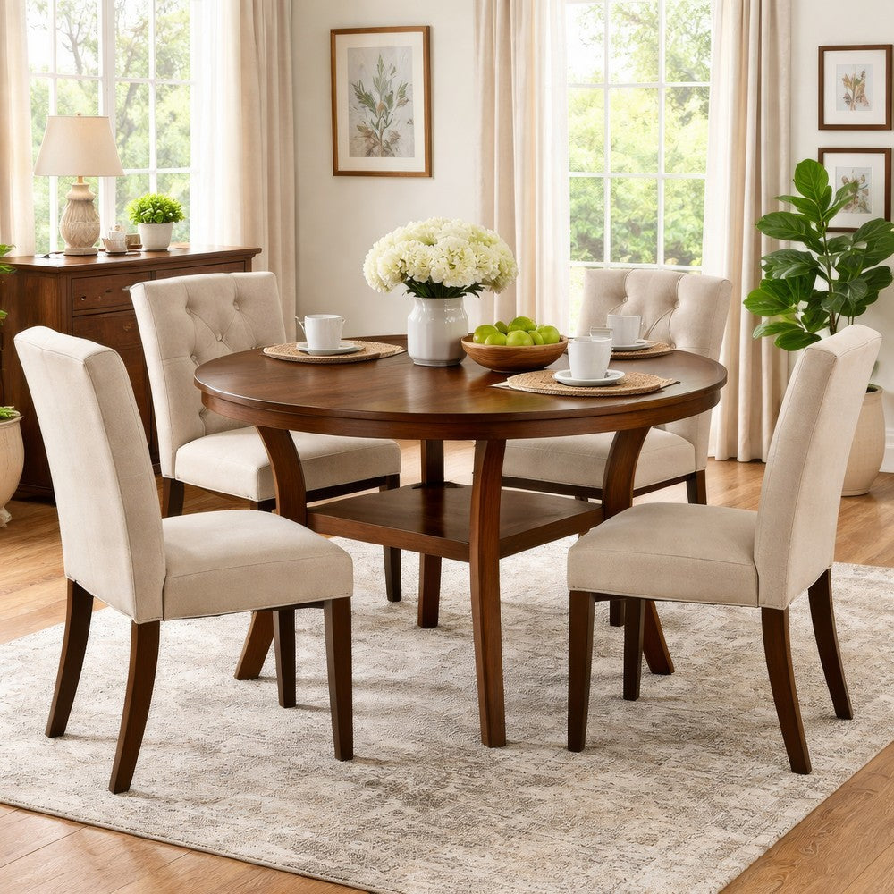 Round Top Wooden Dining Table with Boomerang Legs, Walnut Brown