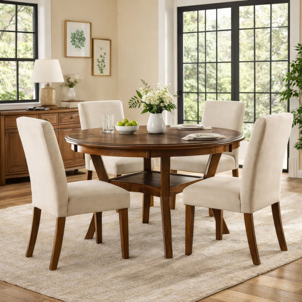 Round Top Wooden Dining Table with Boomerang Legs, Walnut Brown
