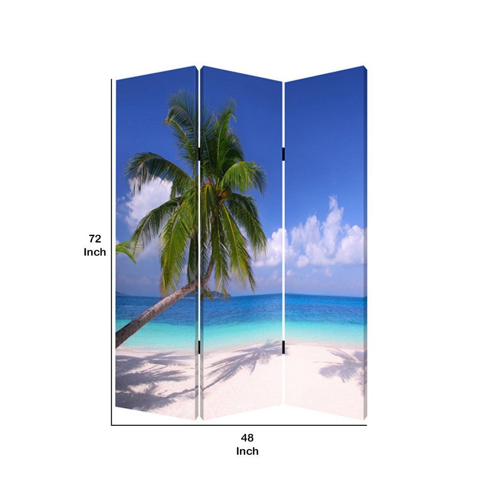 Beach Inspired Canvas Print 3 Panel Wooden Screen Blue and Green BM228607