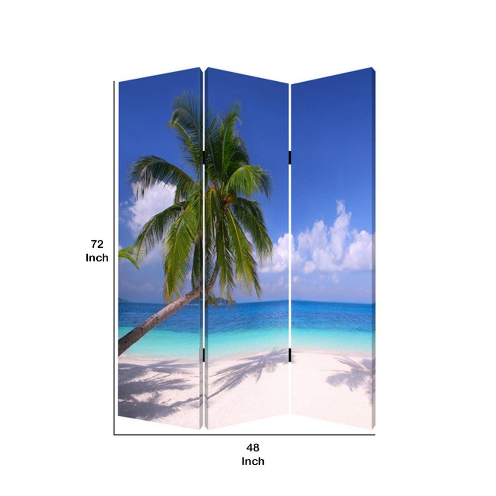 Beach Inspired Canvas Print 3 Panel Wooden Screen, Blue and Green