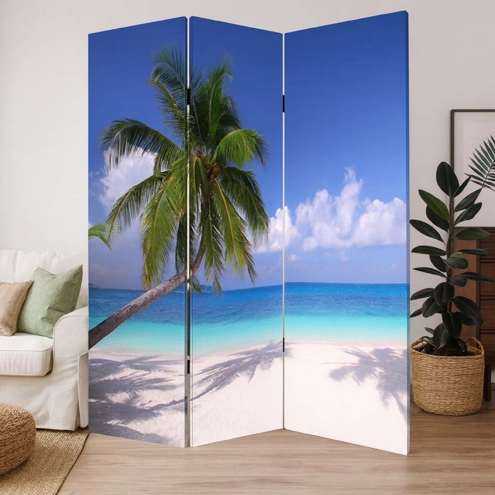 Beach Inspired Canvas Print 3 Panel Wooden Screen, Blue and Green