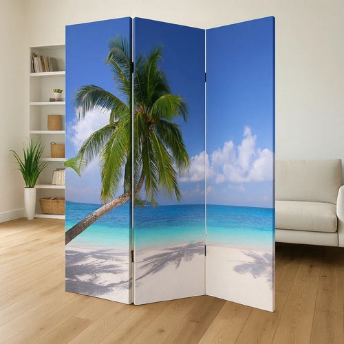 Beach Inspired Canvas Print 3 Panel Wooden Screen, Blue and Green