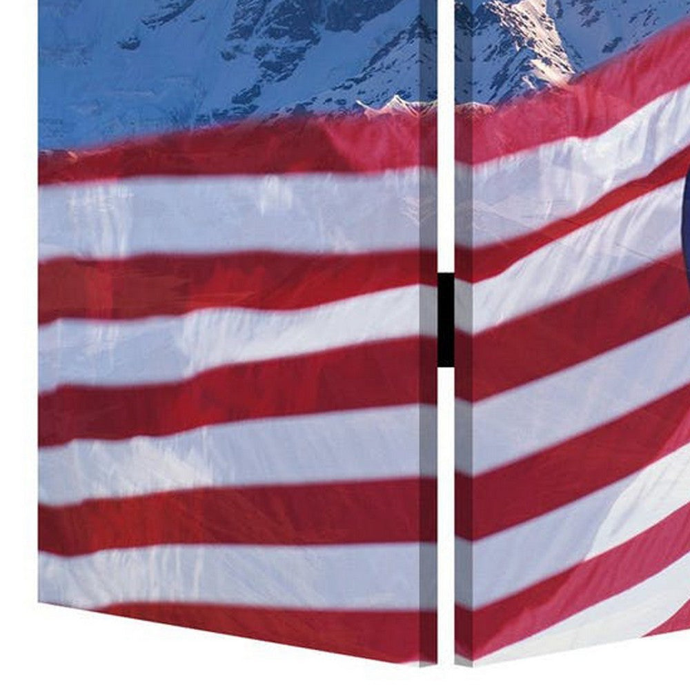 American Flag Printed Wood and Canvas 3 Panel Screen, Multicolor