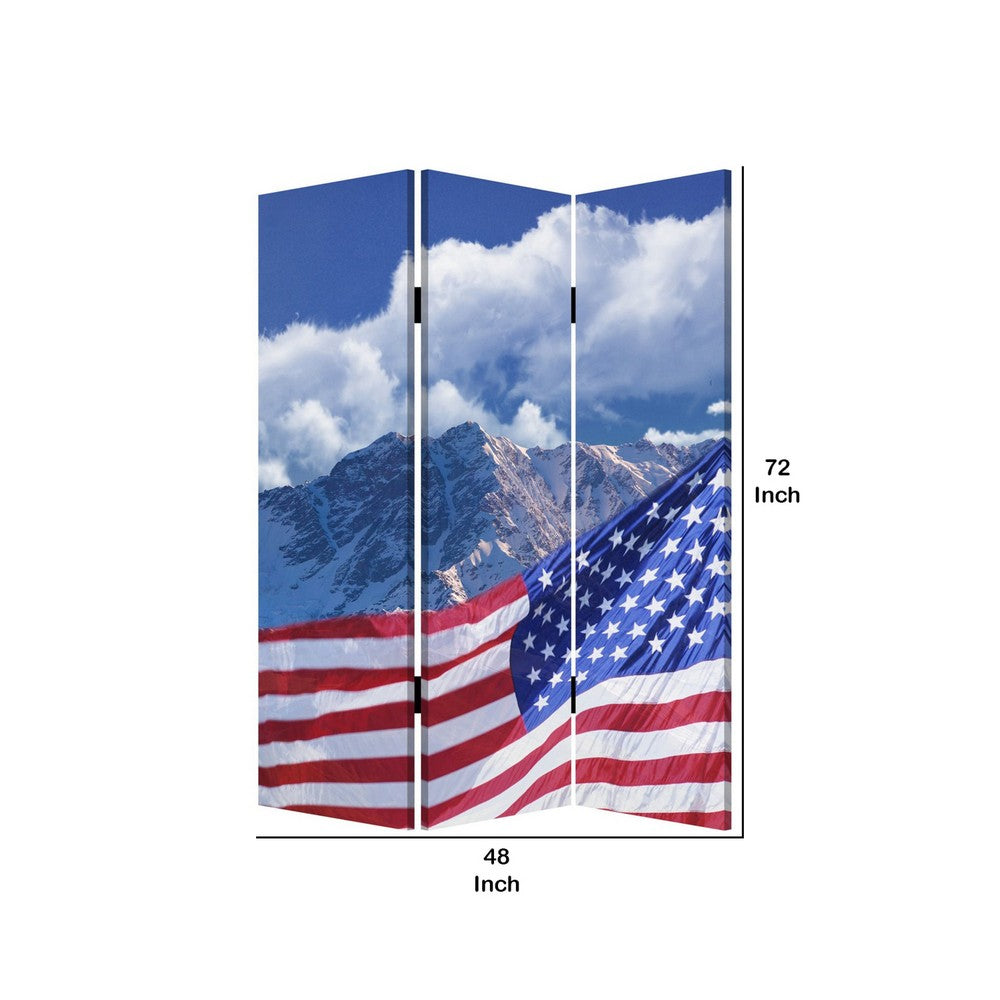 American Flag Printed Wood and Canvas 3 Panel Screen, Multicolor