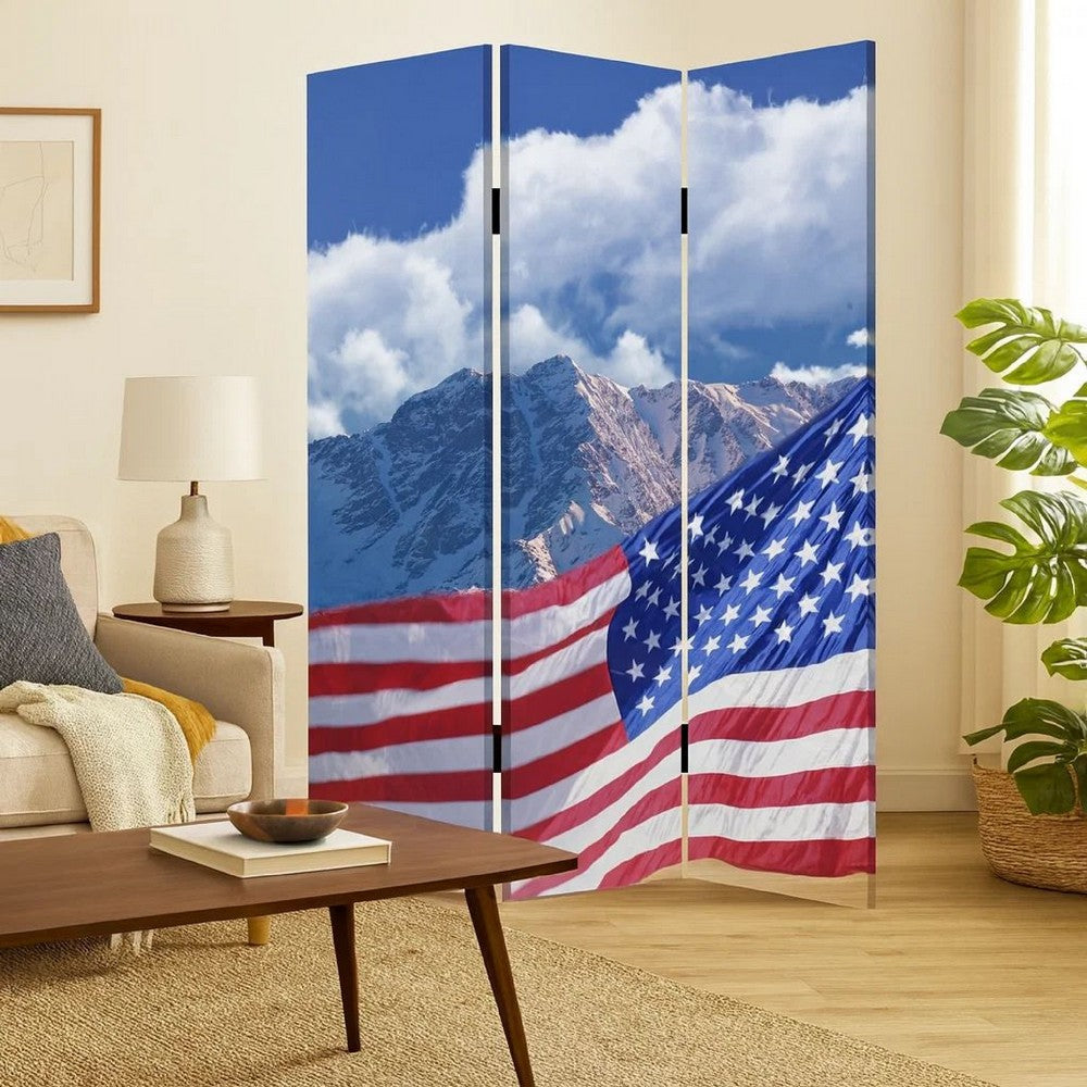 American Flag Printed Wood and Canvas 3 Panel Screen, Multicolor