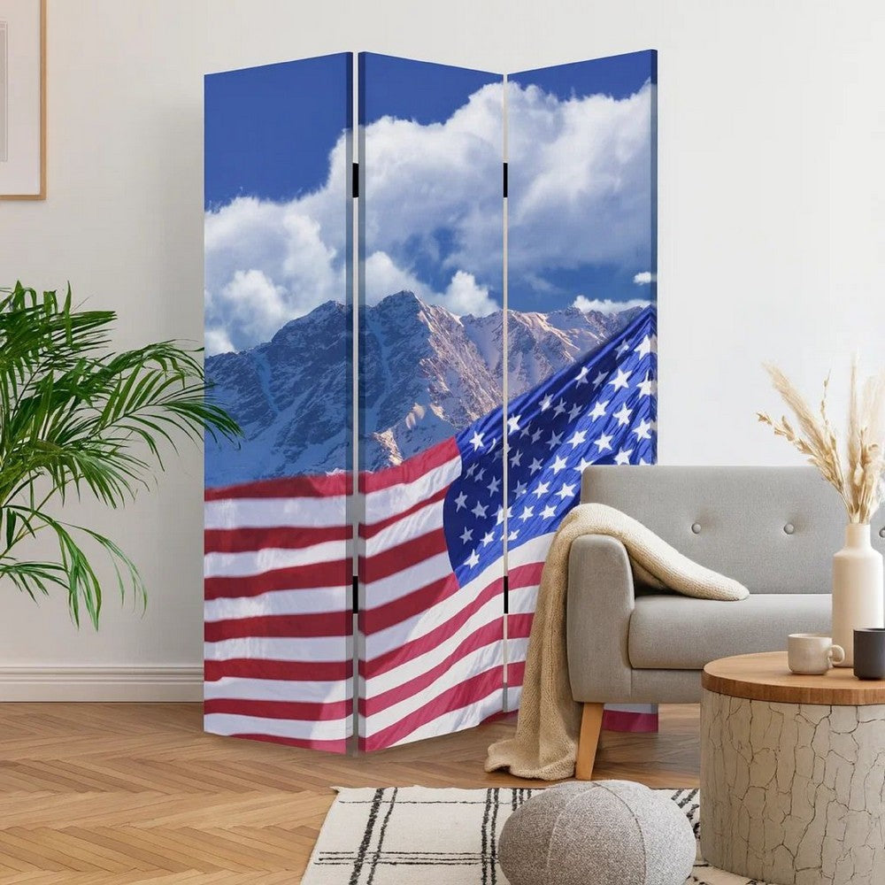 American Flag Printed Wood and Canvas 3 Panel Screen, Multicolor