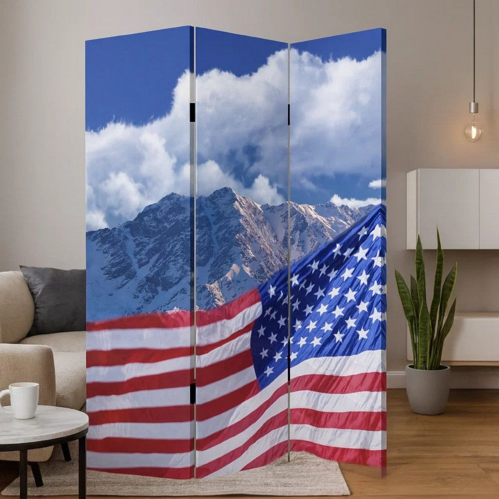 American Flag Printed Wood and Canvas 3 Panel Screen, Multicolor