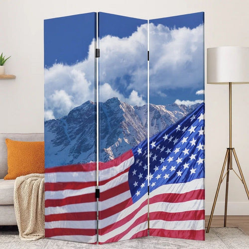 American Flag Printed Wood and Canvas 3 Panel Screen, Multicolor