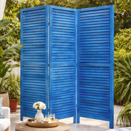 Wooden 3 Panel Shutter Screen with Fitted Slats, Light Blue