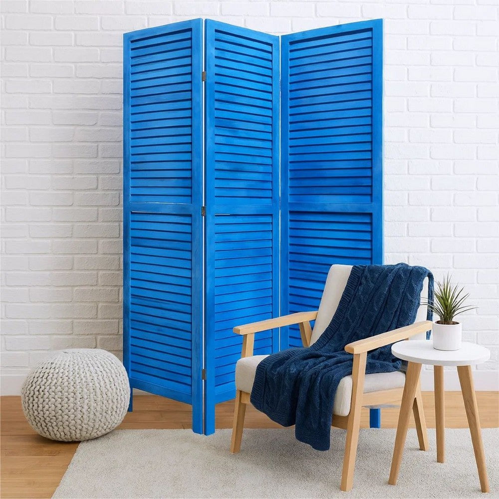 Wooden 3 Panel Shutter Screen with Fitted Slats, Light Blue