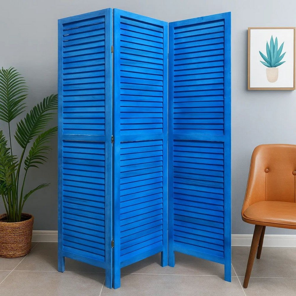 Wooden 3 Panel Shutter Screen with Fitted Slats, Light Blue