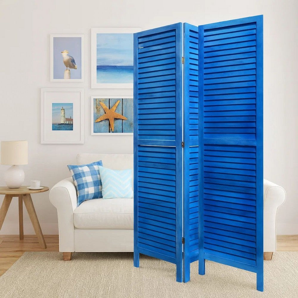Wooden 3 Panel Shutter Screen with Fitted Slats, Light Blue