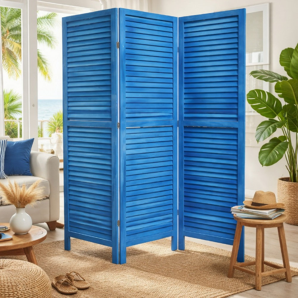 Wooden 3 Panel Shutter Screen with Fitted Slats, Light Blue