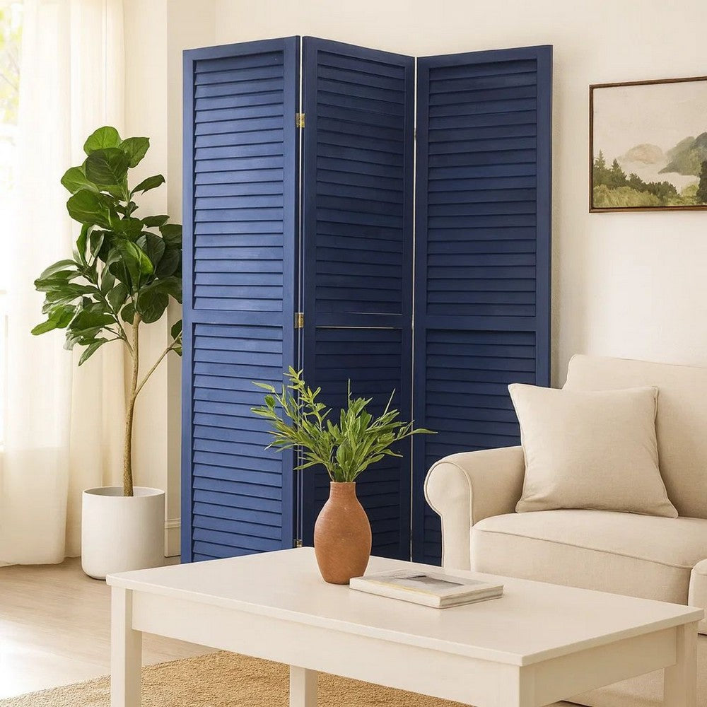 Wooden 3 Panel Shutter Screen with Fitted Slats, Dark Blue