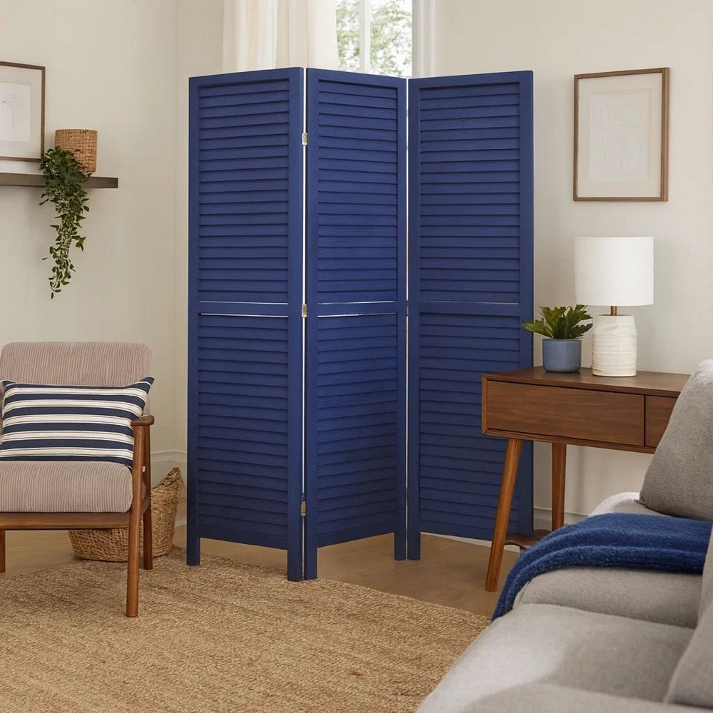 Wooden 3 Panel Shutter Screen with Fitted Slats, Dark Blue