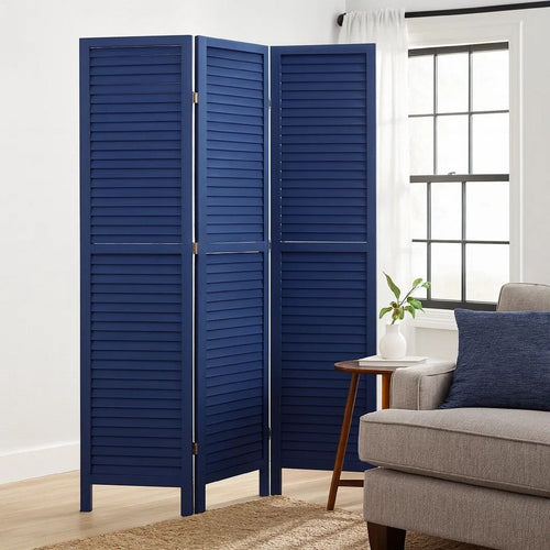 Wooden 3 Panel Shutter Screen with Fitted Slats, Dark Blue