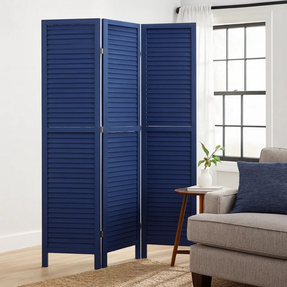 Wooden 3 Panel Shutter Screen with Fitted Slats, Dark Blue