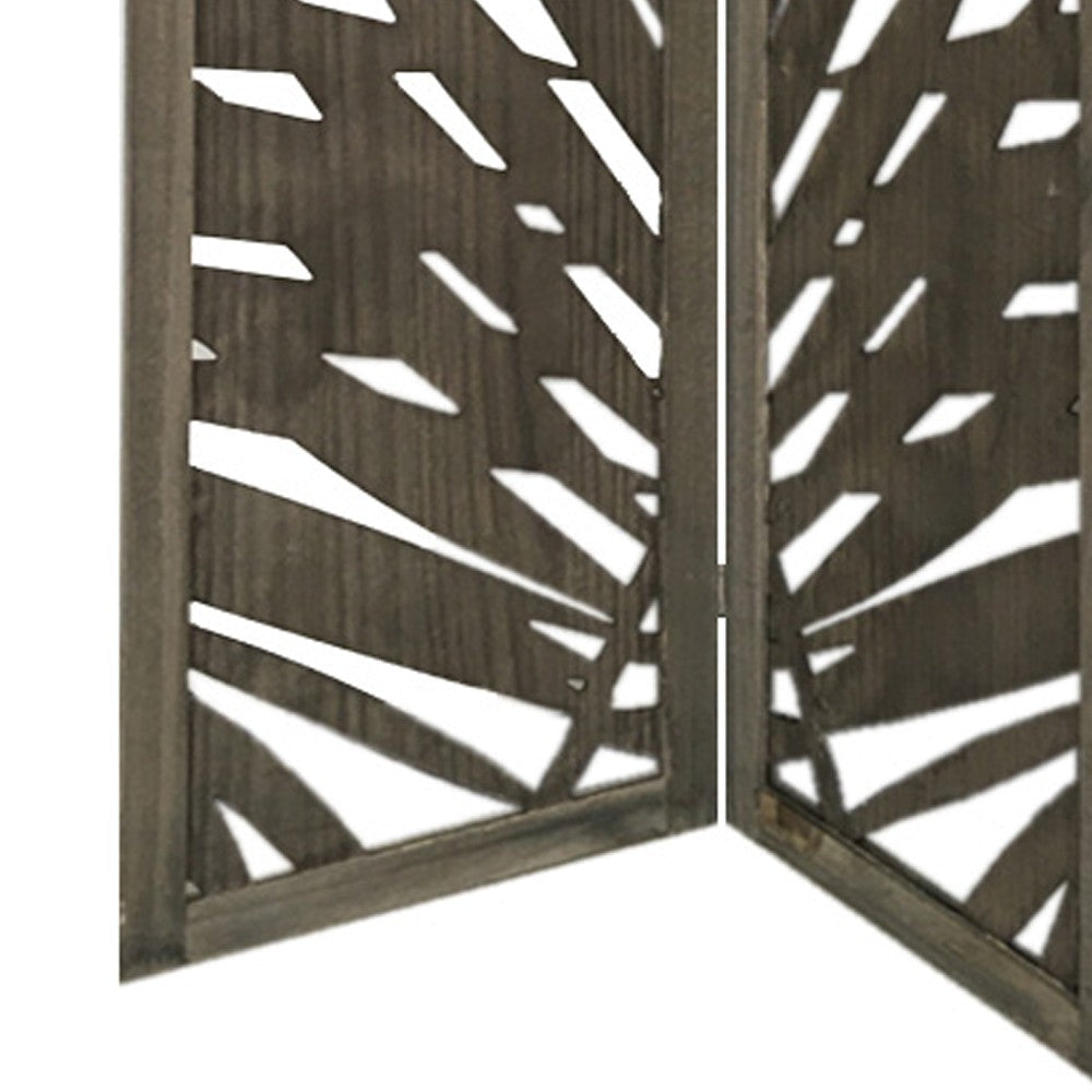 3 Panel Wooden Screen with Laser Cut Tropical Leaf Design Gray BM228617