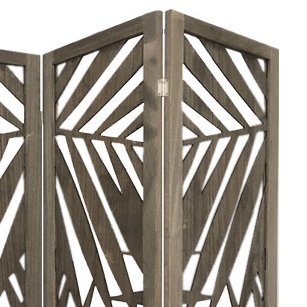 3 Panel Wooden Screen with Laser Cut Tropical Leaf Design, Gray