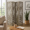3 Panel Wooden Screen with Laser Cut Tropical Leaf Design, Gray