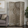 3 Panel Wooden Screen with Laser Cut Tropical Leaf Design, Gray
