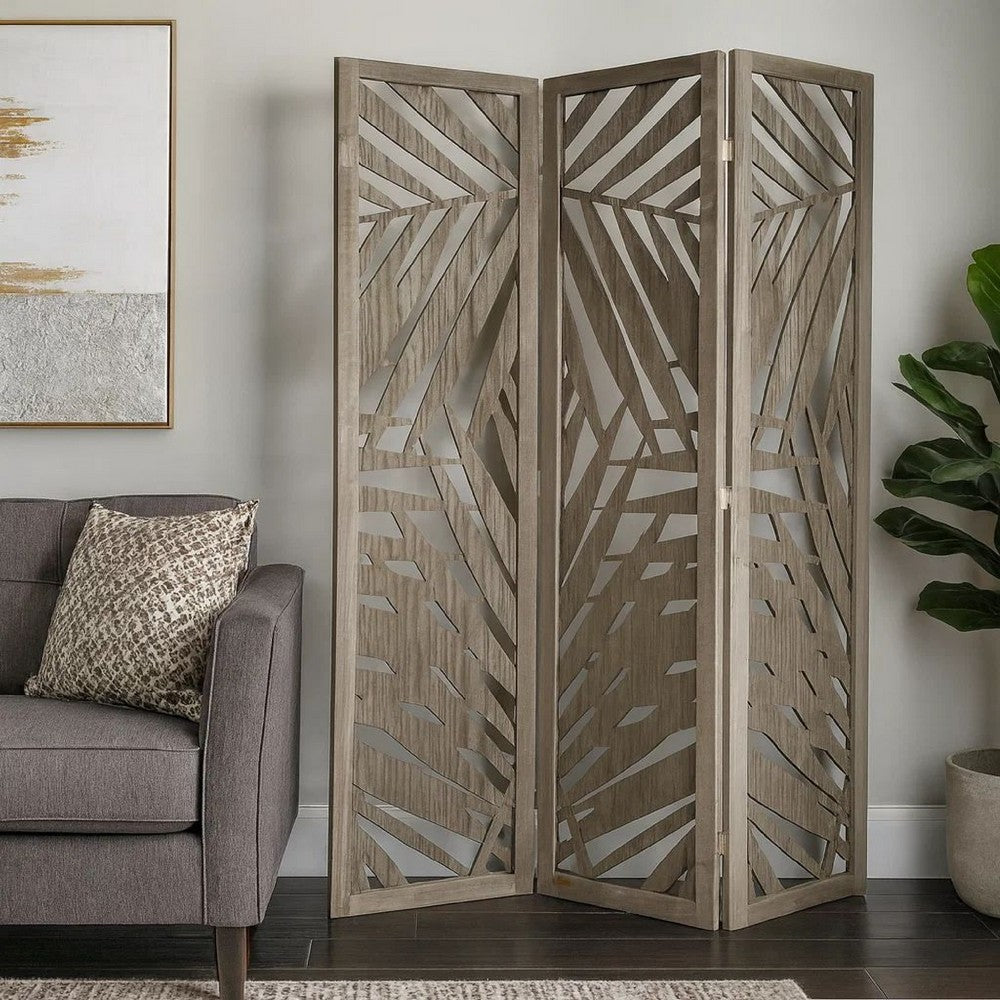 3 Panel Wooden Screen with Laser Cut Tropical Leaf Design, Gray