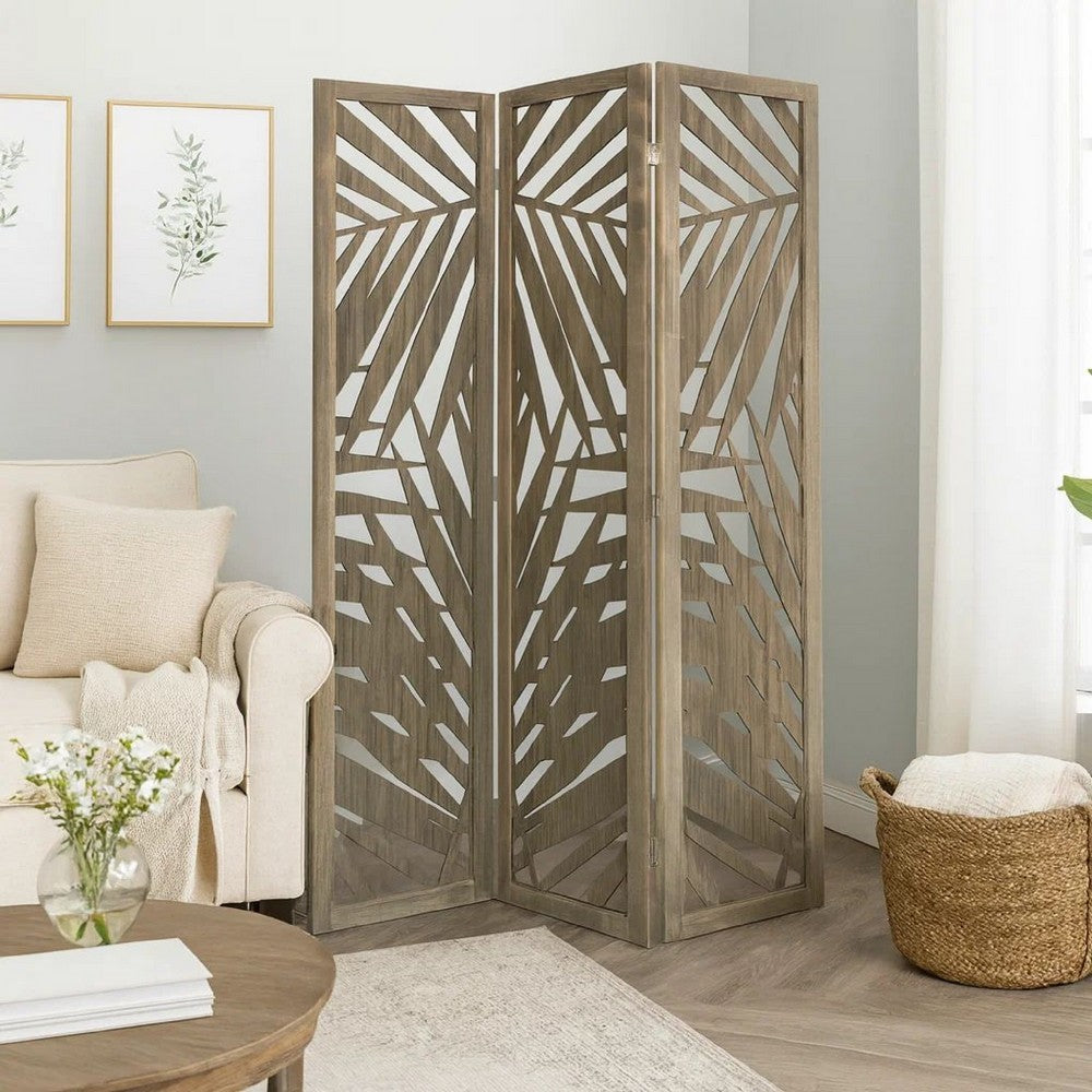 3 Panel Wooden Screen with Laser Cut Tropical Leaf Design, Gray