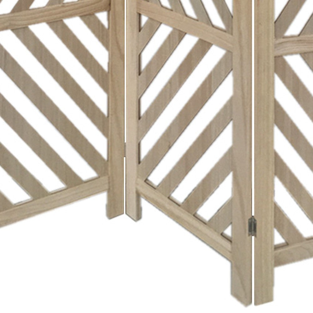 3 Panel Wooden Frame Screen with Diagonal Cut Slats, Natural Brown