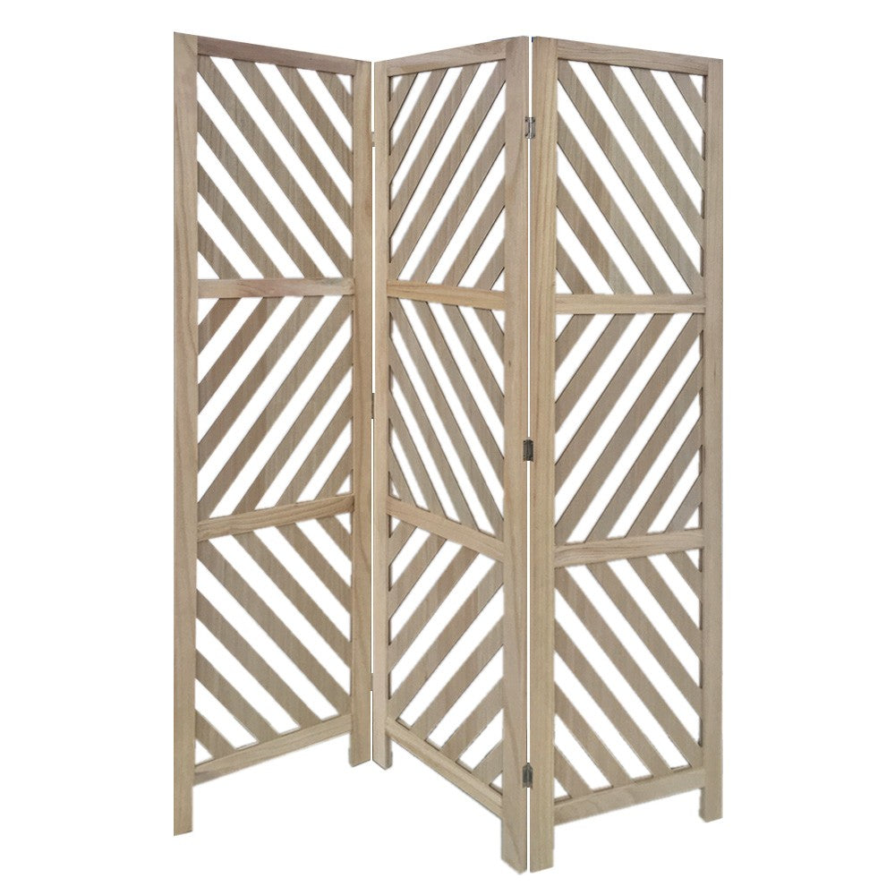3 Panel Wooden Frame Screen with Diagonal Cut Slats, Natural Brown