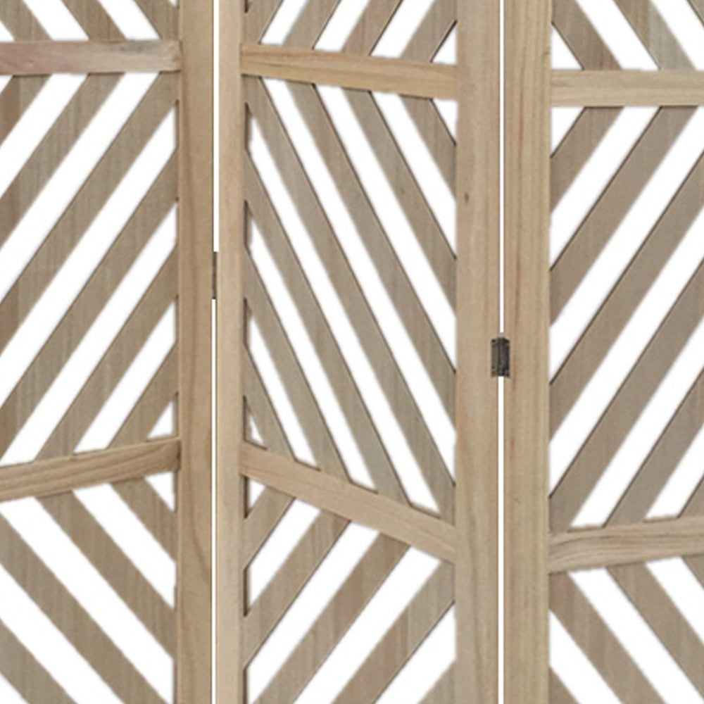 3 Panel Wooden Frame Screen with Diagonal Cut Slats, Natural Brown