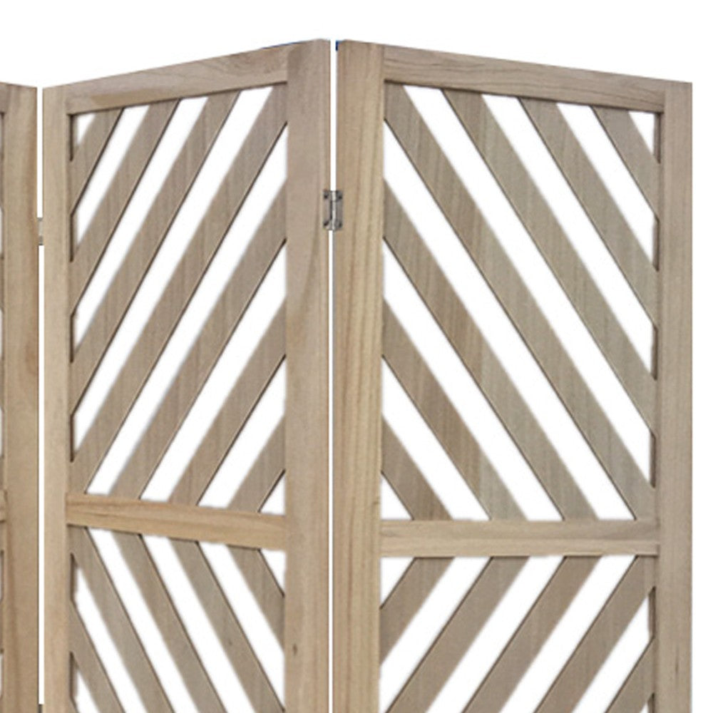 3 Panel Wooden Frame Screen with Diagonal Cut Slats, Natural Brown