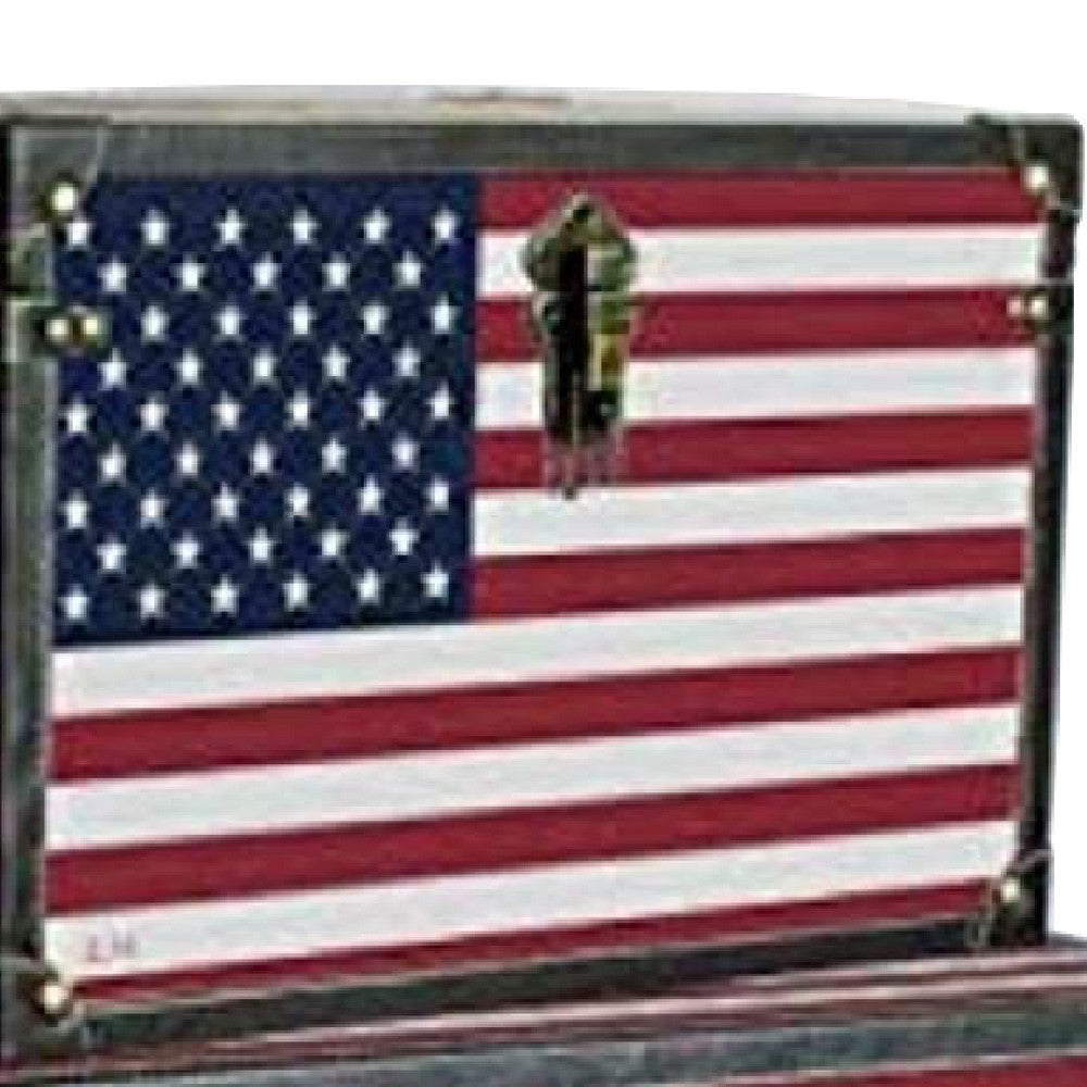 Wooden Trunks with US Flag Print and Metal Corner Accent Set of 3 Multicolor BM228638
