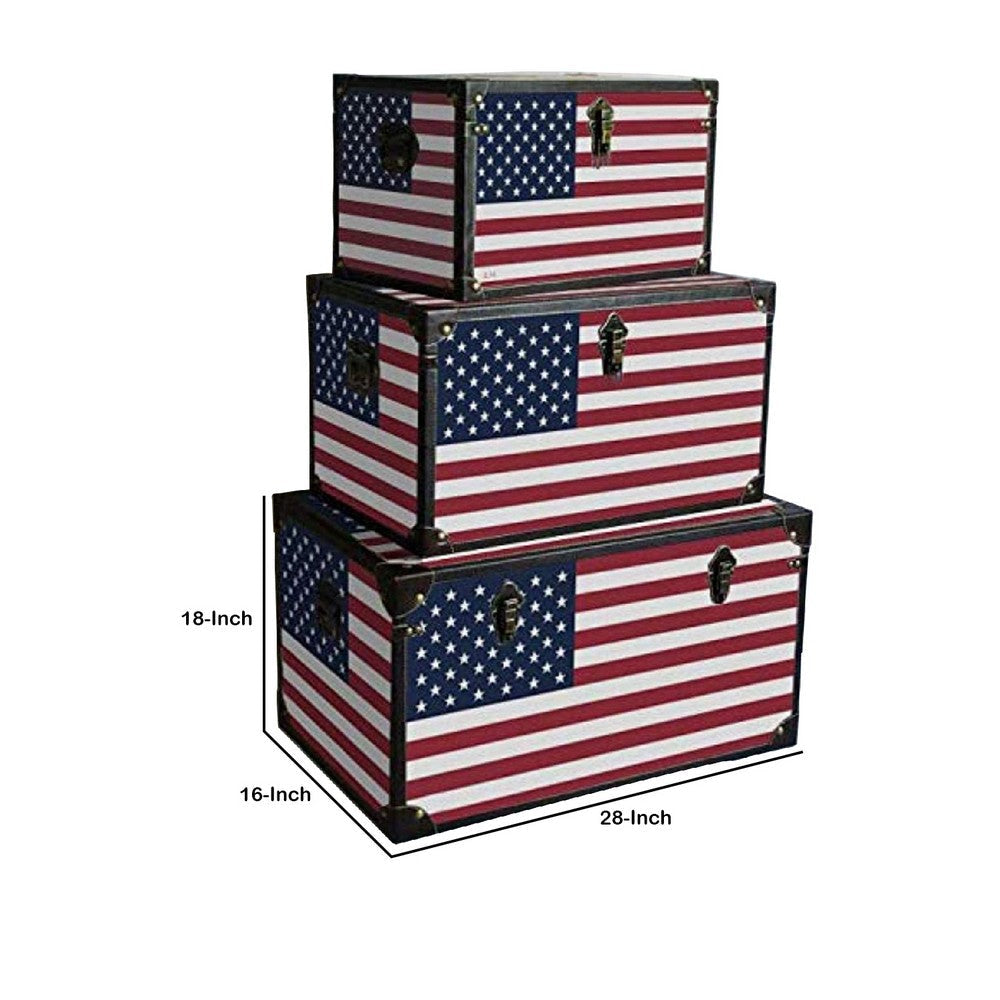 Wooden Trunks with US Flag Print and Metal Corner Accent Set of 3 Multicolor BM228638