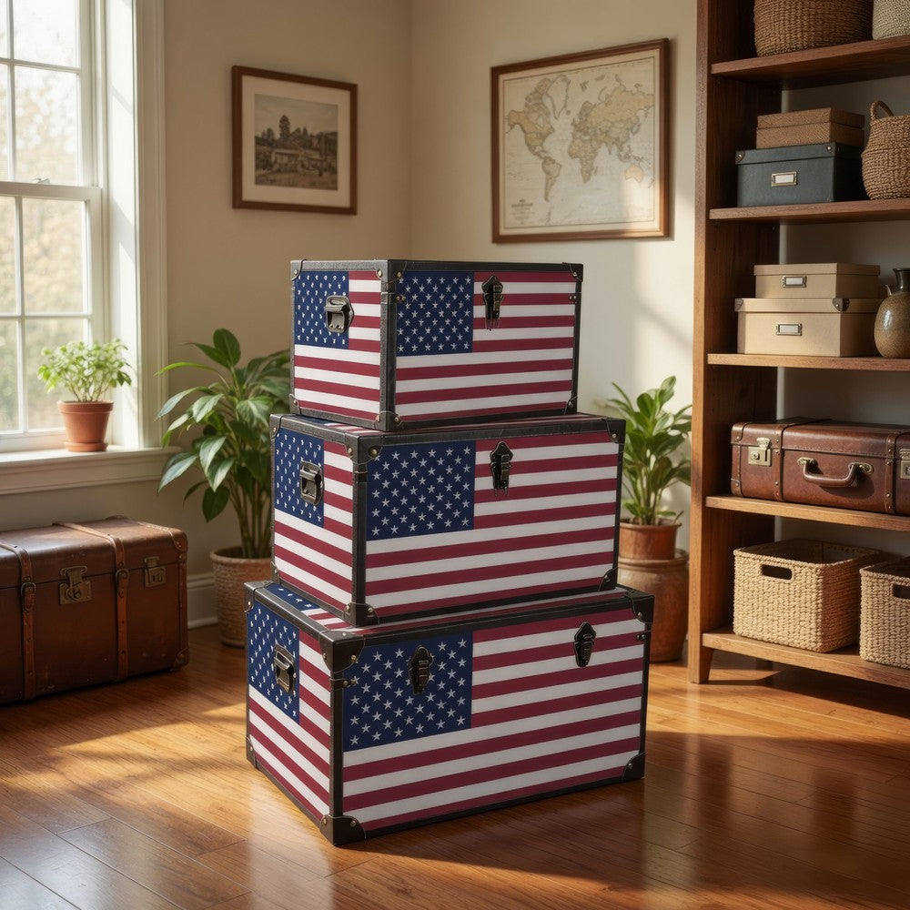 Wooden Trunks with US Flag Print and Metal Corner Accent, Set of 3, Multicolor