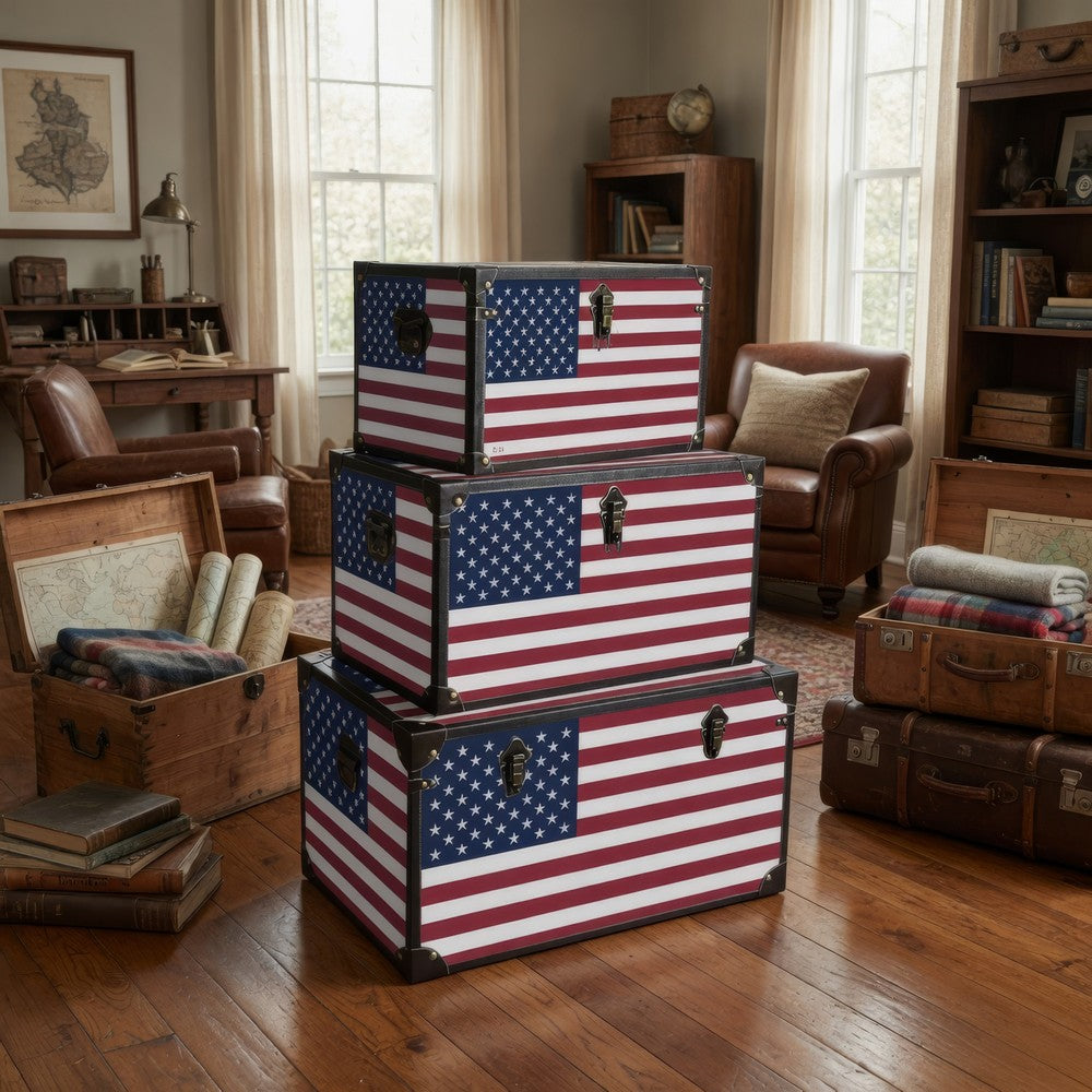 Wooden Trunks with US Flag Print and Metal Corner Accent, Set of 3, Multicolor
