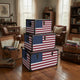 Wooden Trunks with US Flag Print and Metal Corner Accent, Set of 3, Multicolor