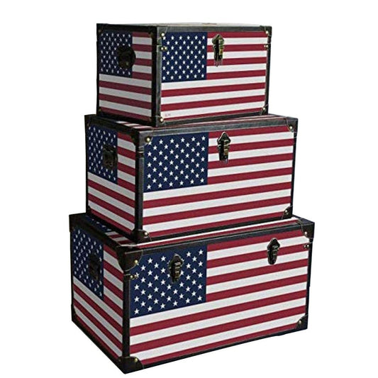 Wooden Trunks with US Flag Print and Metal Corner Accent, Set of 3, Multicolor