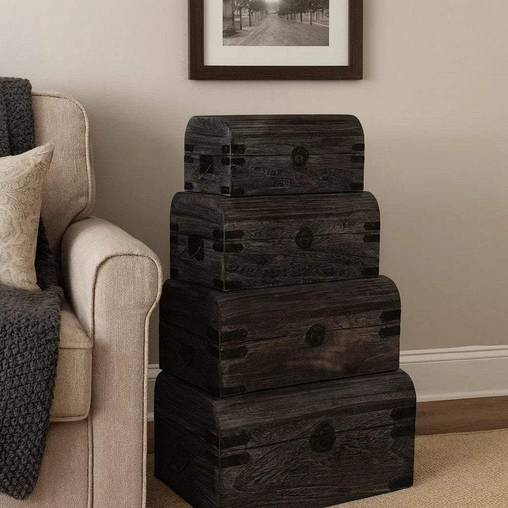 Wooden Lift Top Storage Box with Grain Details, Set of 3, Gray