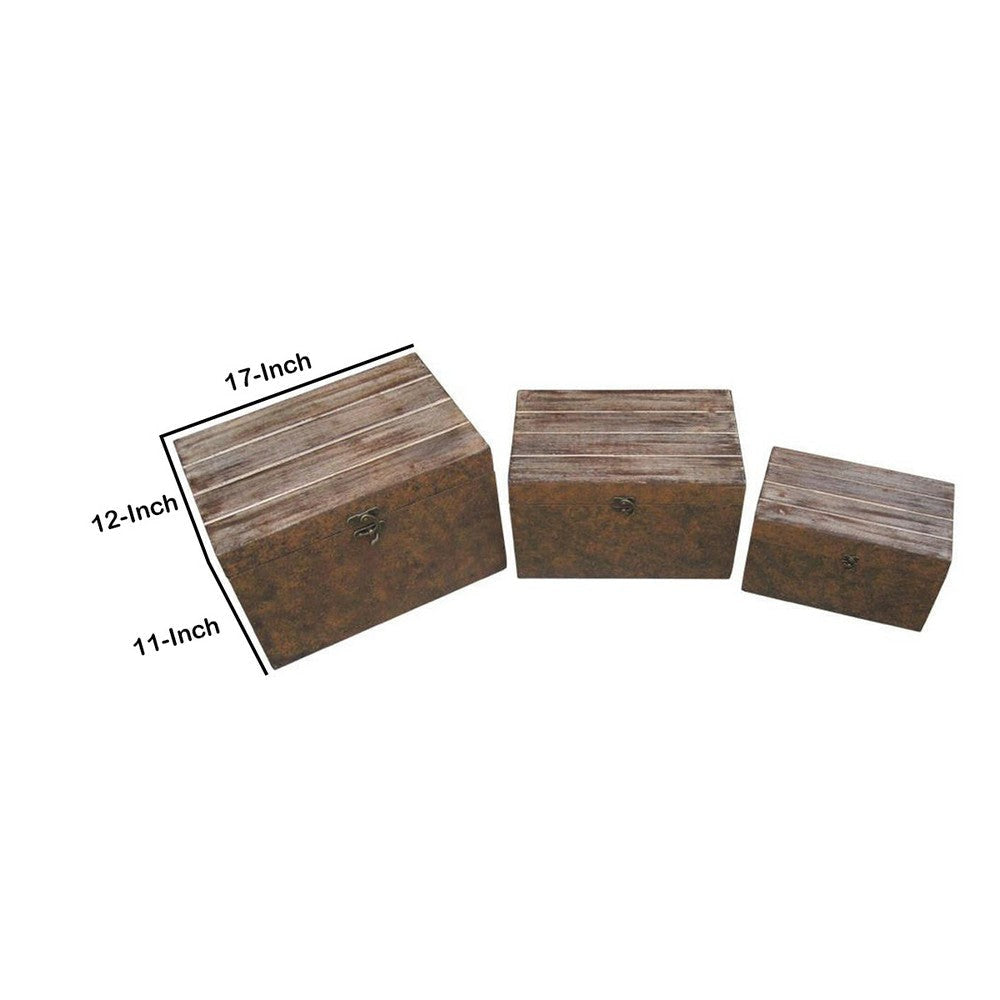 Wooden Lift Top Storage Box with Grain Details Set of 3 Brown BM228640