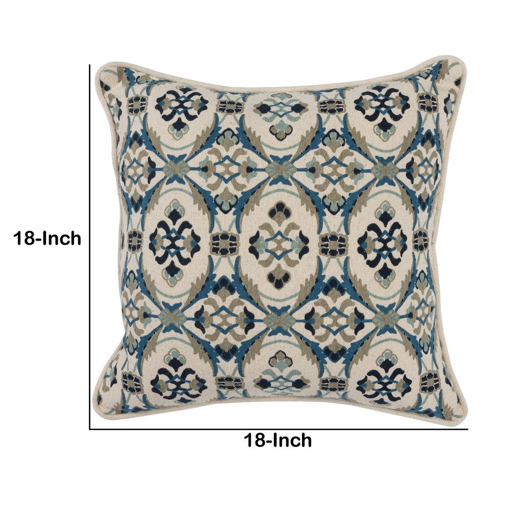 Fabric Throw Pillow with Medallion Print, Cream and Blue By Casagear Home