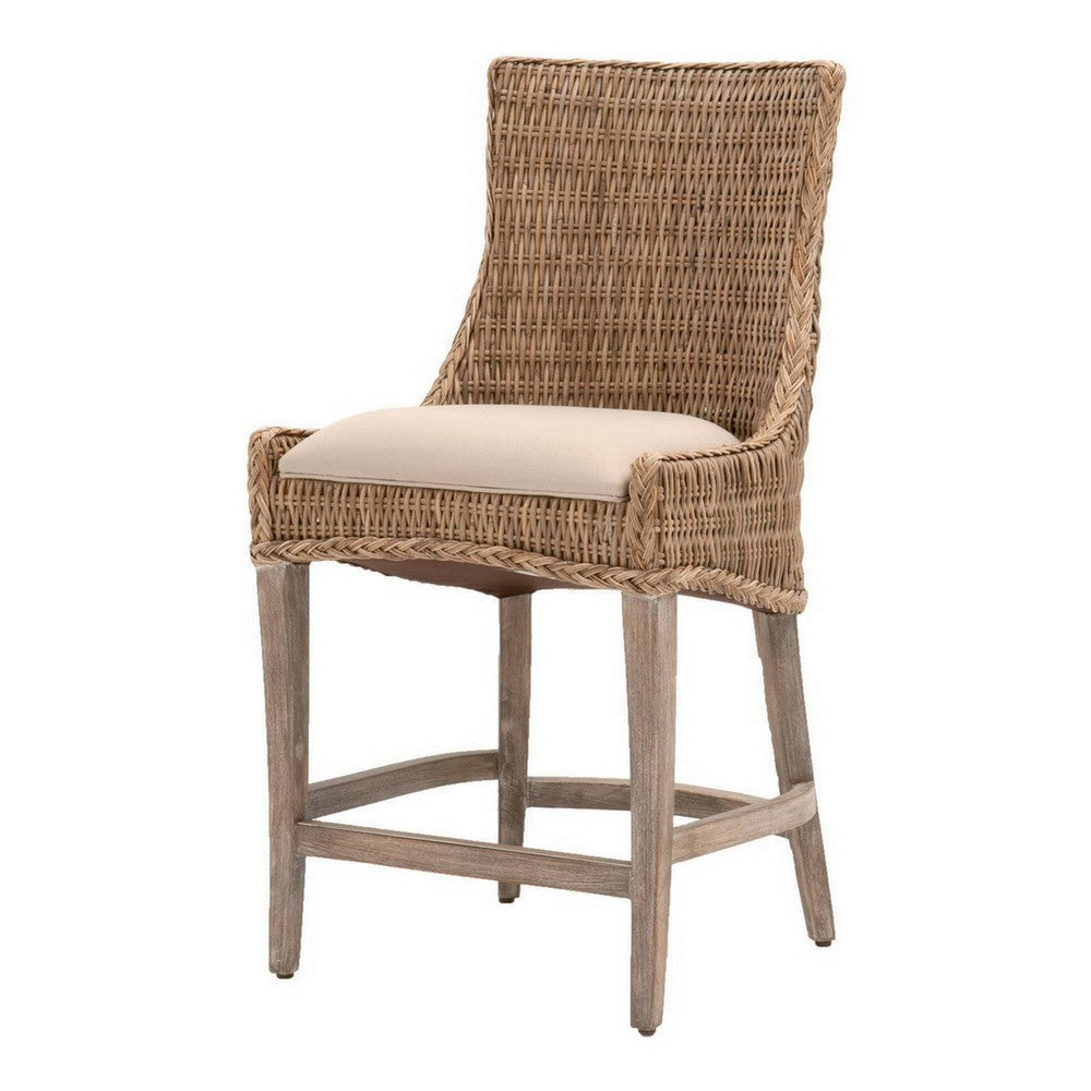 Wicker and Fabric Counter Stool with Wood Frame, Set of 2, Brown and Gray By Casagear Home